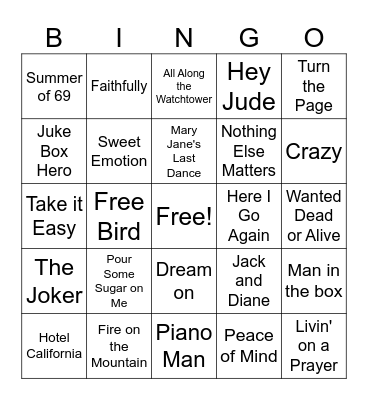 Classic Rock Bingo Card