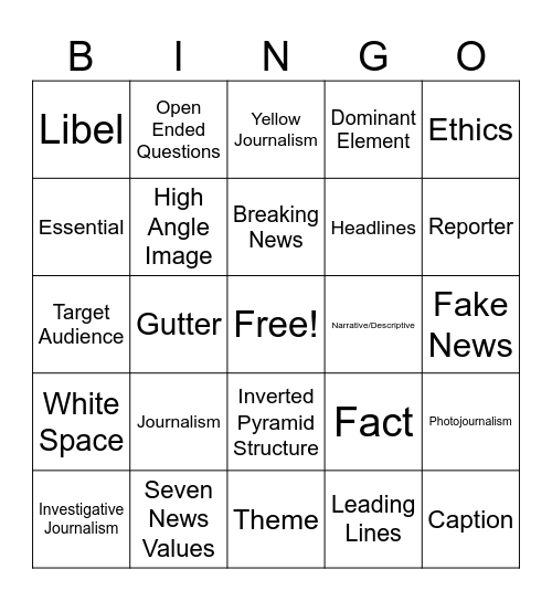 Yearbook Final Exam Review Bingo Card