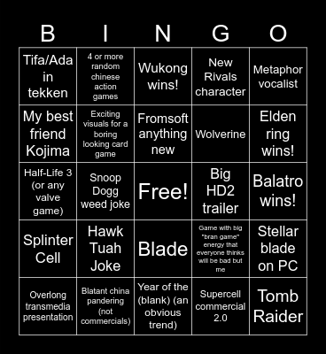 The Game Awards 2024 Bingo Card