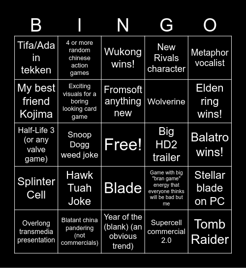 The Game Awards 2024 Bingo Card