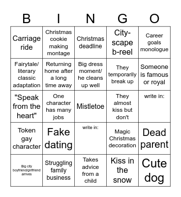 Hallmark movie Bingo Card