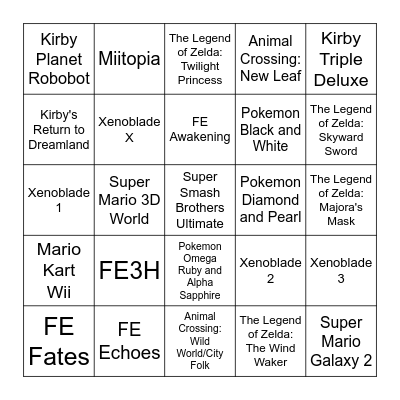 Nintendo Music Bingo Card