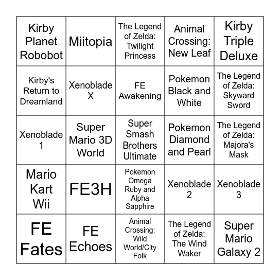 Nintendo Music Bingo Card