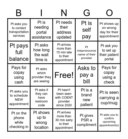 COENT-PSR Bingo Card