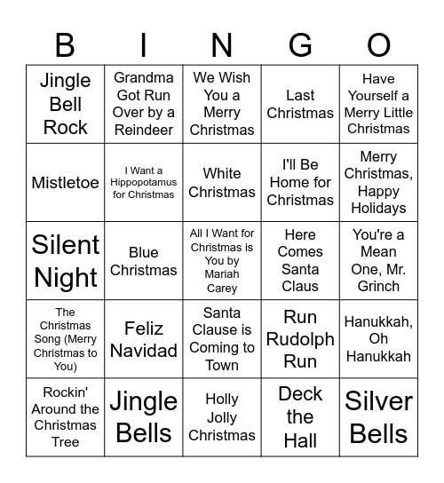 Holiday Song Bingo Card