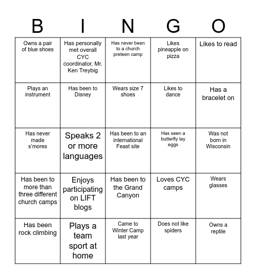 CYC Winter Camp Human Bingo Card