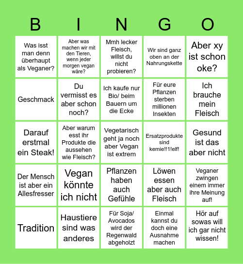 Vegan Bullshit Bingo Card