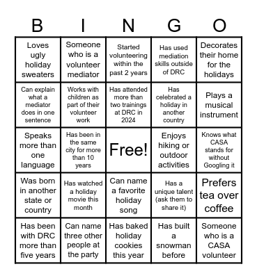 DRC HOLIDAY BINGO Card