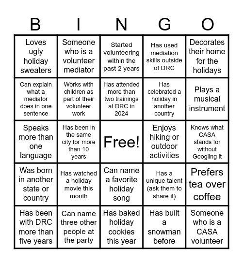 DRC HOLIDAY BINGO Card