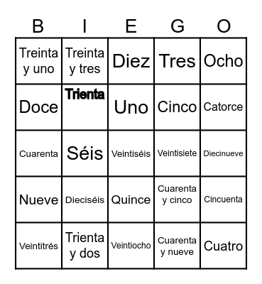 SPANISH NUMBER BINGO Card