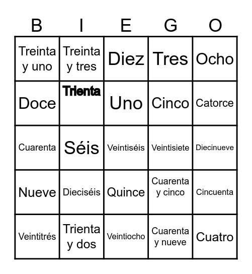 SPANISH NUMBER BINGO Card