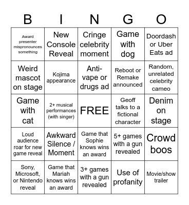Game Awards 2024 Bingo Card