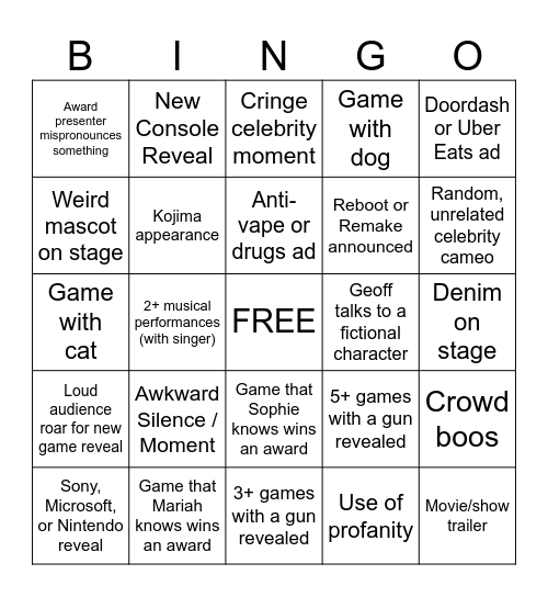 Game Awards 2024 Bingo Card