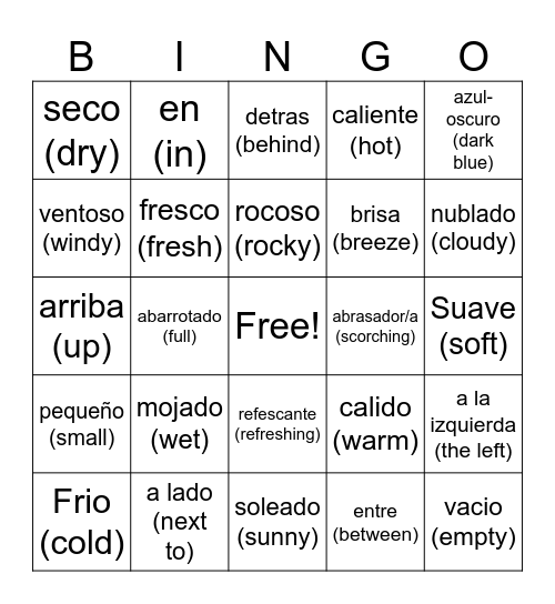 adjetivos / tiempo pasado Bingo Card