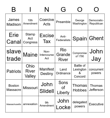 US History S1 Review Bingo Card