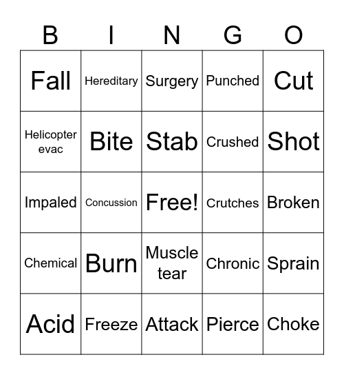 Injury Bingo Card