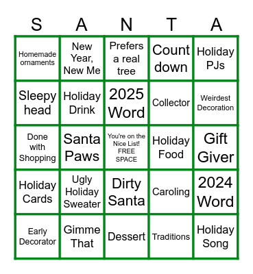 Holiday Bingo Card