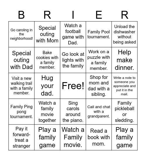 Brier Family Christmas BINGO Card