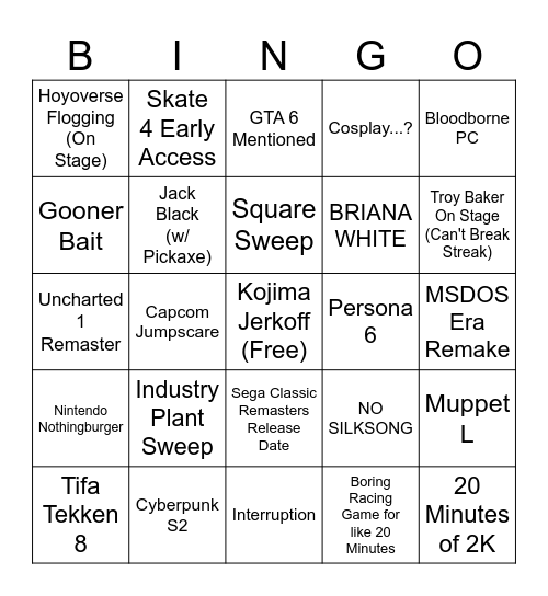 TGA 2024 Bingo Card