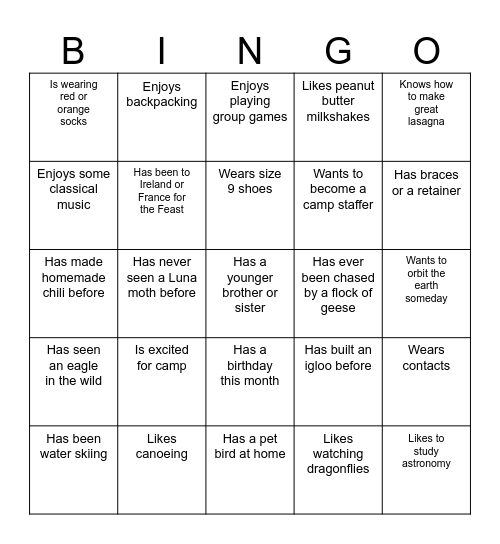 Winter Camp Human Bingo-2 Bingo Card