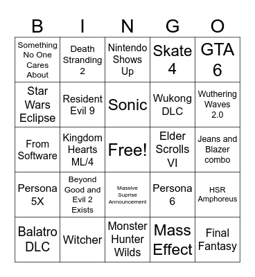 TGA Bingo Card