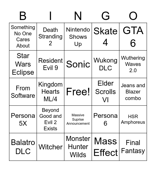 TGA Bingo Card