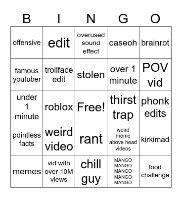 YOUTUBE SHORTS BINGO Card