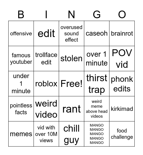 YOUTUBE SHORTS BINGO Card