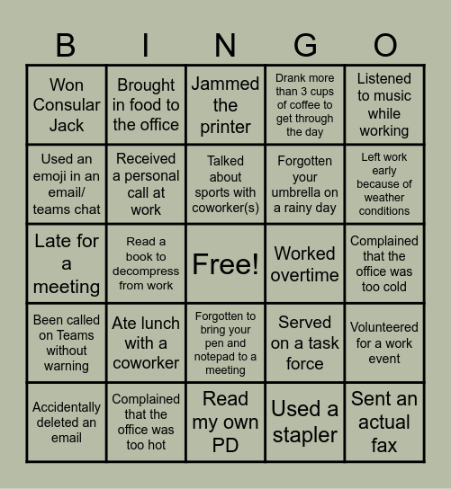 Workplace Bingo Card