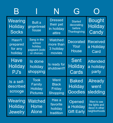 Holiday Fun Bingo Card