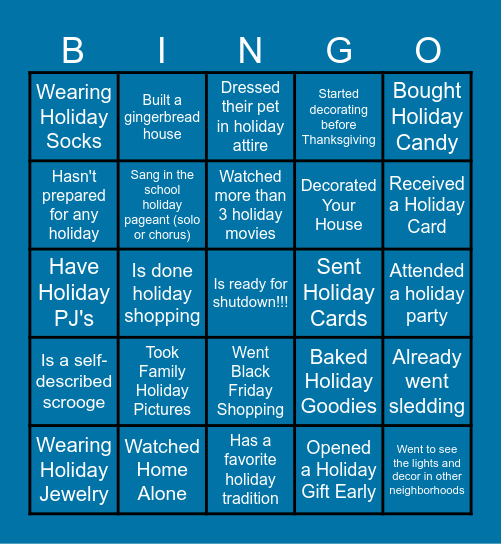 Holiday Fun Bingo Card