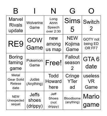 TGA Bingo Card