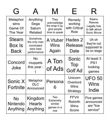 Game Awards Bingo Card