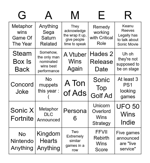 Game Awards Bingo Card