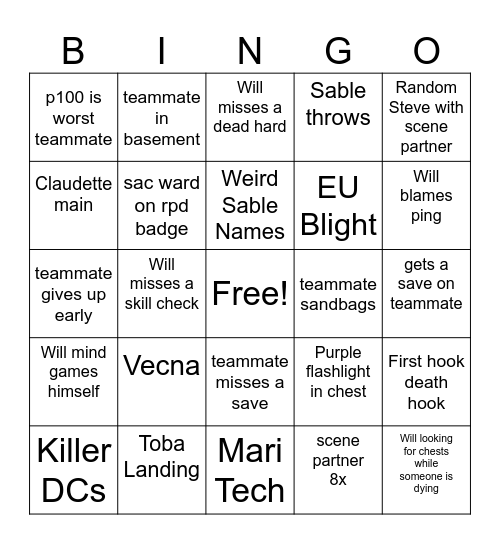 DBD Bingo Card