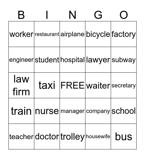 Jobs, Workplaces & Transportations Bingo Card