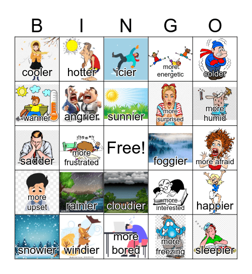 Feelings and Weather Adjectives Bingo--comparative Bingo Card