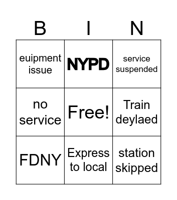 MTA subway Bingo Card