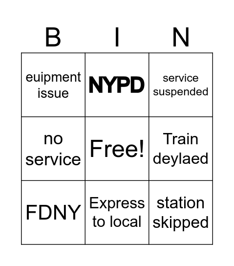 MTA subway Bingo Card