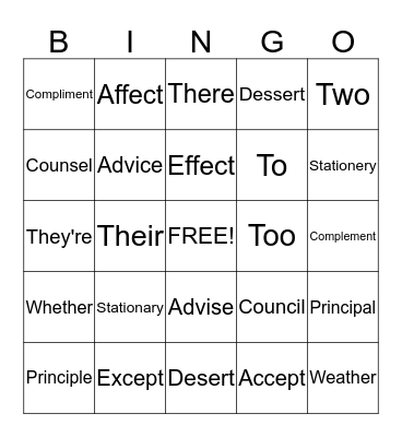 Commonly Confused Words Bingo Card