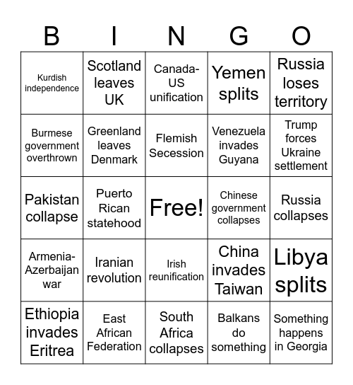 World Events Bingo Card