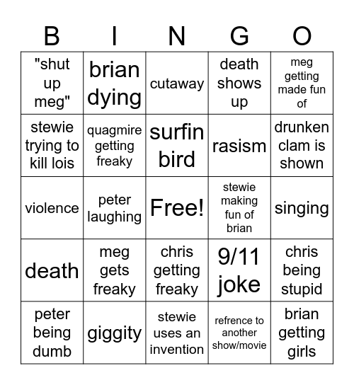 family guy bingo Card