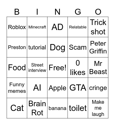 YouTube shorts Bingo Card