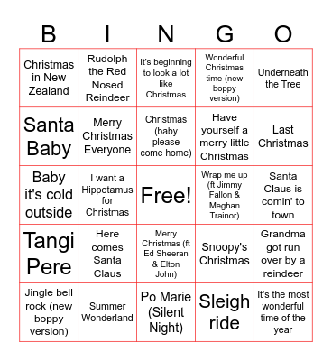 Kirihimete Songs Bingo Card