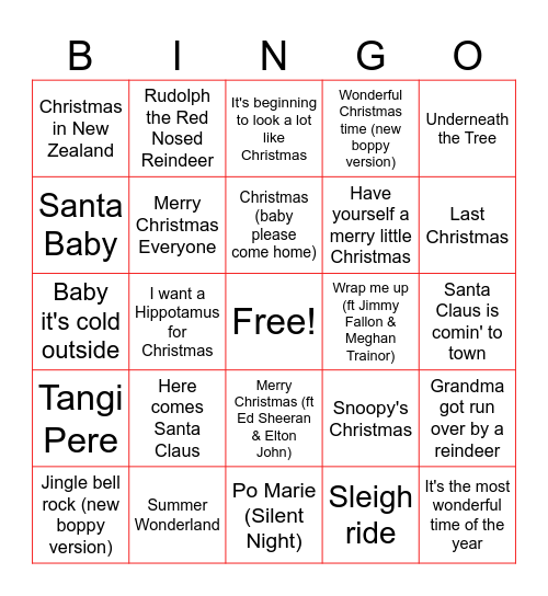 Kirihimete Songs Bingo Card