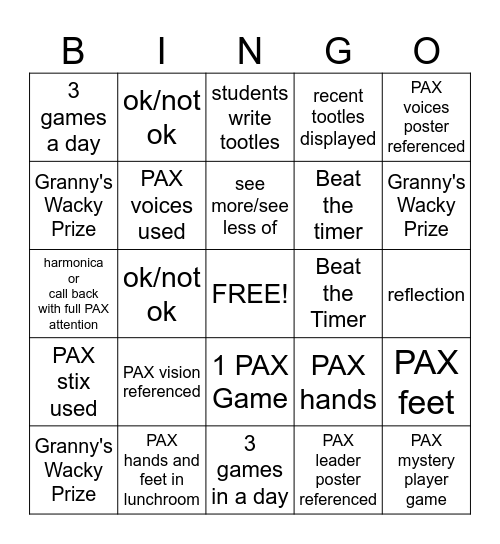 PAX  Bingo Card