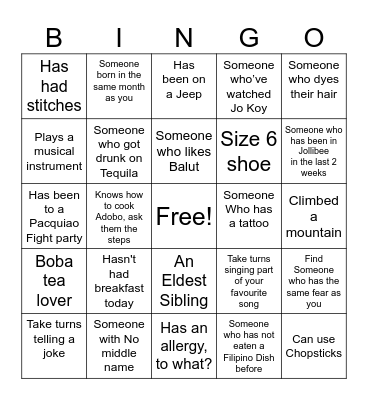 Filipino Human Bingo Card
