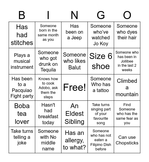 Filipino Human Bingo Card