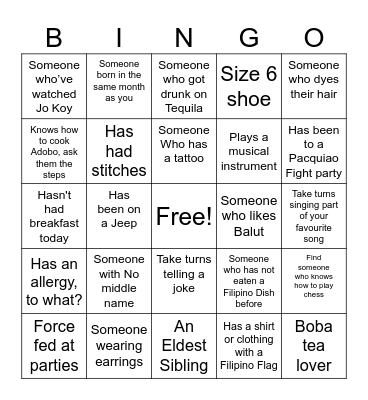 Filipino Human Bingo Card
