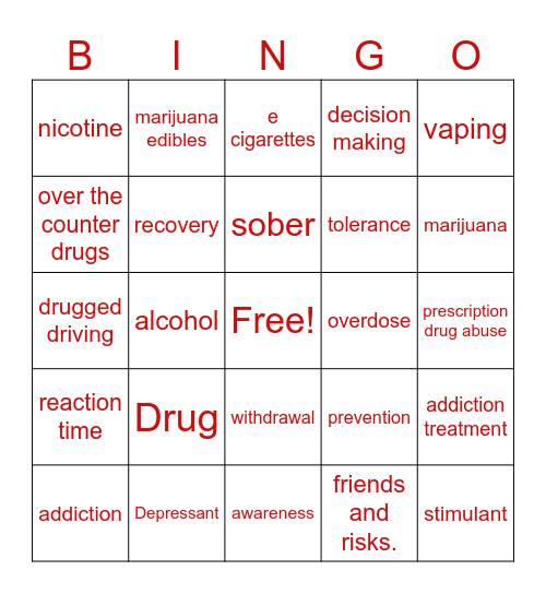 Alcohol & Drug Prevention Bingo Card